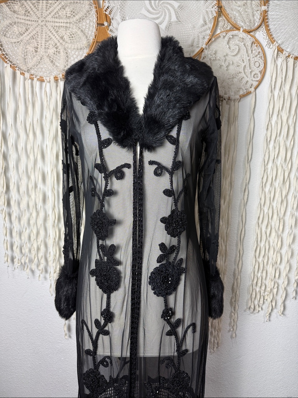 Vintage Sue Wong Black Embellished Crochet and Faux Fur Trim Long Sleeve Kimono - Picture 2 of 14